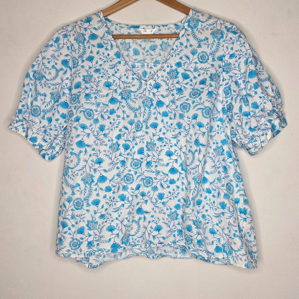 Draper James Blue / White Floral Vneck Short Sleeve Top Size XL